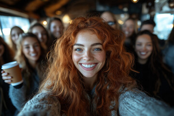 Fototapeta premium Photo lifestyle joyeuse d’un groupe d’amies souriantes dans un café animé, ambiance conviviale et chaleureuse, complicité et énergie communicative