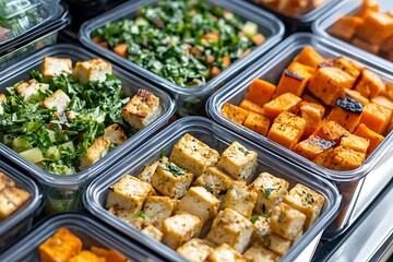 Vegan prep meal holders filled with healthy options like tofu bites sweet potato chunks made meals for lunch treats orderly placed in clear holders with black caps earth-friendly boxes  
