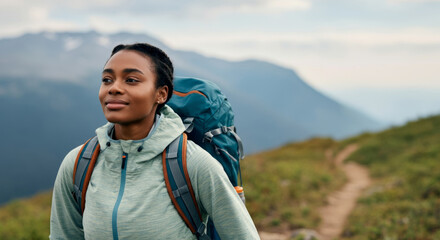 Naklejka premium African female hiker exploring mountain trail in scenic landscape