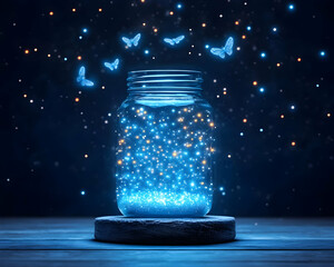 Glowing butterflies in a glass jar at night