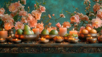 Serene Still Life of Pears, Oranges, and Roses with Burning Candles in Antique Bowls on Ornate Table