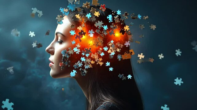 Woman's mind exploding with colorful puzzle pieces in creative concept art