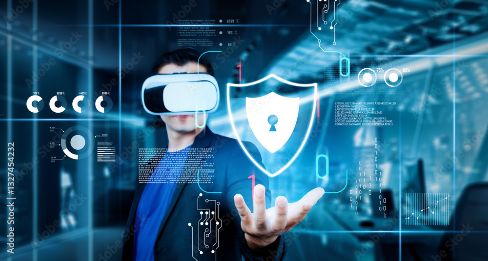 Poster project manager holding security system hologram and standing at futuristic office with blue glowing