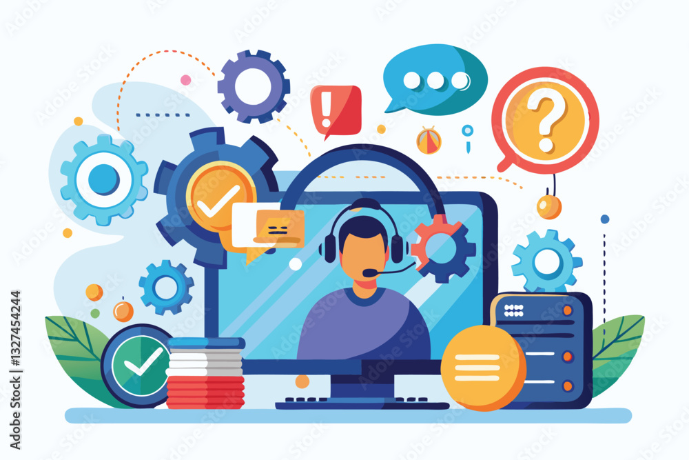 Poster a support agent uses a headset to provide assistance while working on a computer with various icons,