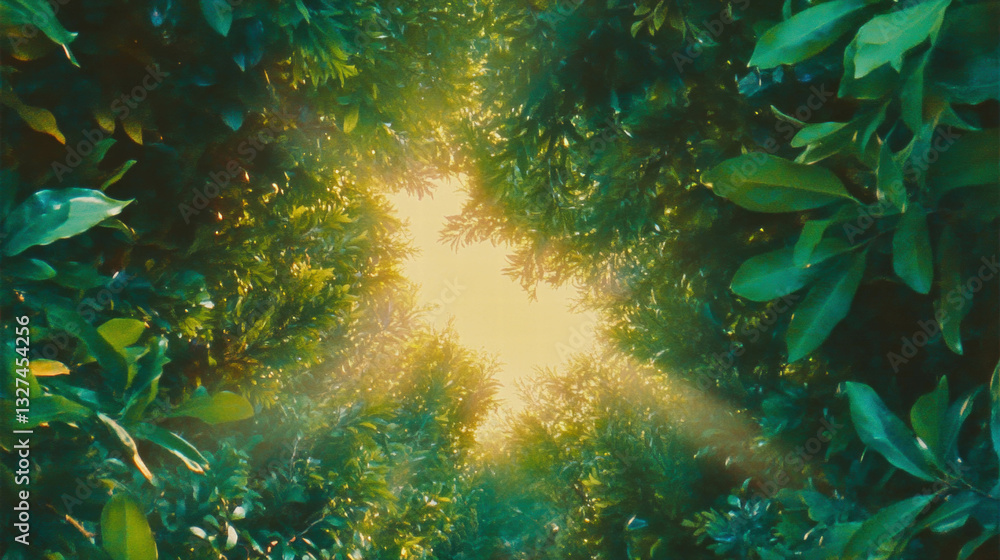 Aufkleber sunlight filtering through dense green forest canopy creating serene atmosphere