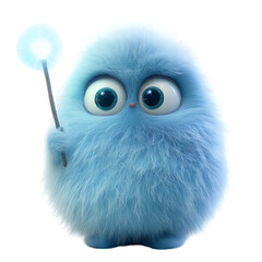 A Fluffy 3D Cartoon Character Holding a Glowing Magica Isolated on Transparent Background