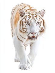 Obraz premium Majestic Golden White Tiger - A stunning golden white tiger walks towards the camera, its stripes subtly visible against its creamy white fur. A captivating of wildlife