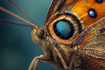 Macro Of A Brown Butterfly With Teal Eyes - Close-up view of a butterfly's head and wing, showcasing intricate details, vibrant colors, and delicate textures. Symbolizing nature, beauty