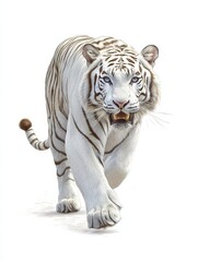 Obraz premium Majestic White Tiger Walking - A stunning white tiger strides forward, symbolizing power, grace, beauty, wilderness, and freedom. Its intense gaze captivates