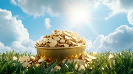 Bright golden coins fill a bowl under a sunny sky with fluffy clouds in a lush green field