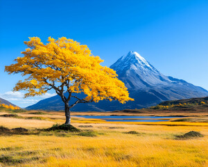 Golden Autumn Landscape with Mountain