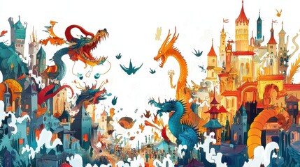 Colorful fantasy art shows dragons overlooking vibrant buildings and city