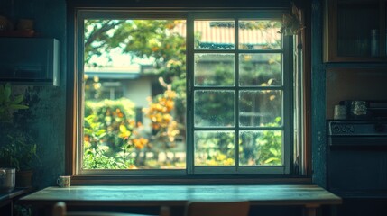 Cozy kitchen window view of a garden.