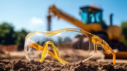 Safety Glasses on Construction Site - Construction safety, worker protection, industrial site, eyesight safety, preventing accidents