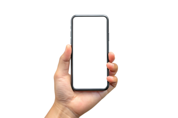 Mobile phone screen mockup in case Hand holding smartphone display mock up isolated on white background PNG. GENERATIVE AI