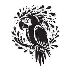 Black and white parrot perched on a branch with tropical leaves, elegant monochrome bird illustration perfect for tattoo designs, wildlife art, and decorative prints