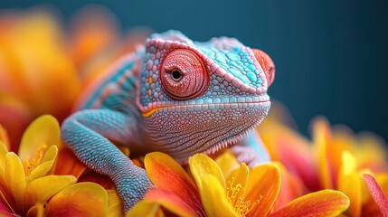 Vibrant Blue Chameleon on Colorful Flowers Close Up Macro Shot, Reptile in Vivid Orange and Yellow Blossoms, Detailed Texture and Eye