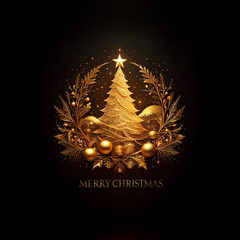 Golden Christmas tree illustration on dark  background with many decorative branches, decorations, stars.