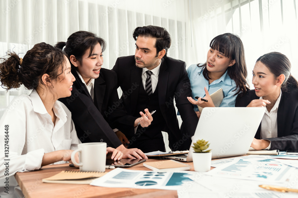 Poster diverse group of business analyst team analyzing financial data report paper on office table. chart 