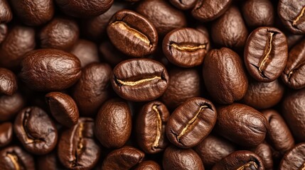 Fototapeta premium A close-up view of rich, chocolate-brown coffee beans perfectly roasted, highlighting their textured surface and unique shapes, perfect for coffee enthusiasts.