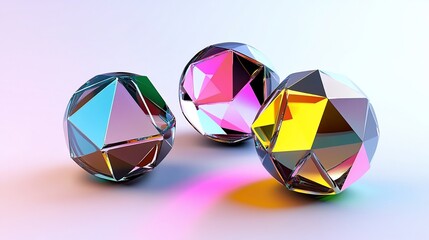 Iridescent Geometric Spheres Reflecting Light on a Clean Background