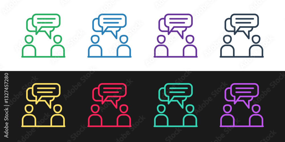 Poster set line two sitting men talking icon isolated on black and white background. speech bubble chat. me