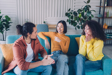 Three Friends Chatting and Laughing Together in a Cozy Living Room with Modern Interior Decoration...