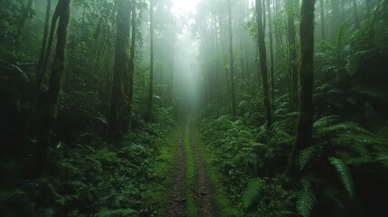 Obraz premium A winding, foggy forest path invites exploration, engulfed in lush greenery and mystery, conveying a sense of adventure and serenity within nature's embrace.
