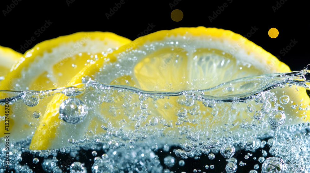 Poster refreshing citrus texture with lemon slices and bubbles for beverage design