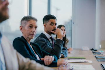 Meeting, workshop and conference with business people in office for seminar, teamwork and acquisition opportunity. Business people attending meeting