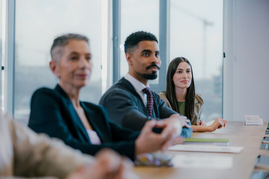 Meeting, workshop and conference with business people in office for seminar, teamwork and acquisition opportunity. Business people attending meeting