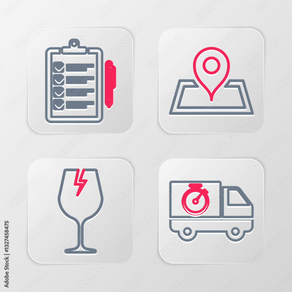 Aufkleber set line delivery truck and stopwatch, fragile broken glass, placeholder on map and verification of 