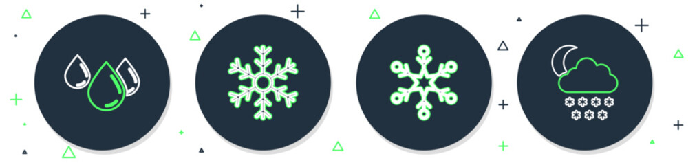Set line Snowflake, Water drop and Cloud with snow and moon icon. Vector