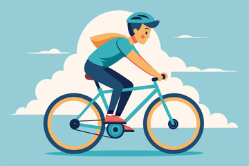 Fototapeta premium A young boy pedals confidently on a bicycle against a bright blue sky adorned with clouds, Teenage boy rides bicycle and pedals,