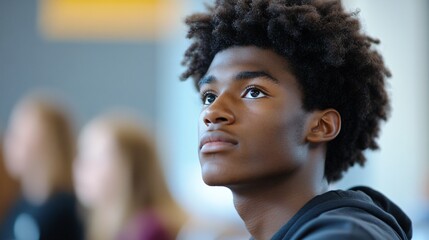 Thoughtful teenager in classroom, focused young male student with curly hair engaged in learning and discussions, bright environment.