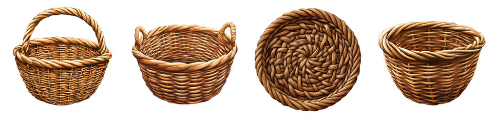 Obraz premium Woven wicker baskets round baskets storage containers on transparent background