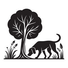 Simple Dog Sniffing Near Tree Roots Vector Icon – Modern Logo & Illustration.