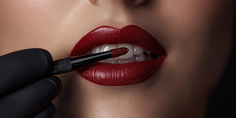 Close-up of a woman's lips with glossy red lipstick, a professional makeup artist applying color using a precision brush, symbolizing beauty, glamour, and cosmetic artistry. Banner