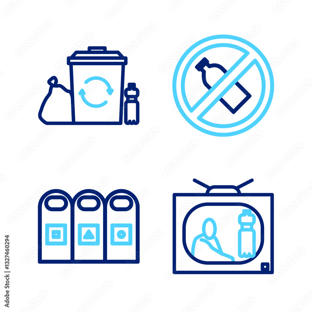 Poster set line stop plastic pollution, trash in garbage cans sorted, no bottle and recycle bin with recycl