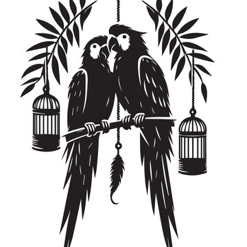 Two parrots sitting on branch with hanging bird cages and leaves, romantic bird couple silhouette design for tattoo, nature decor, or vector illustration