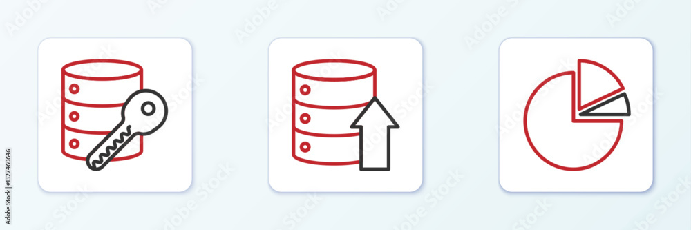Poster set line pie chart infographic, server security with key and server, data, web hosting icon. vector