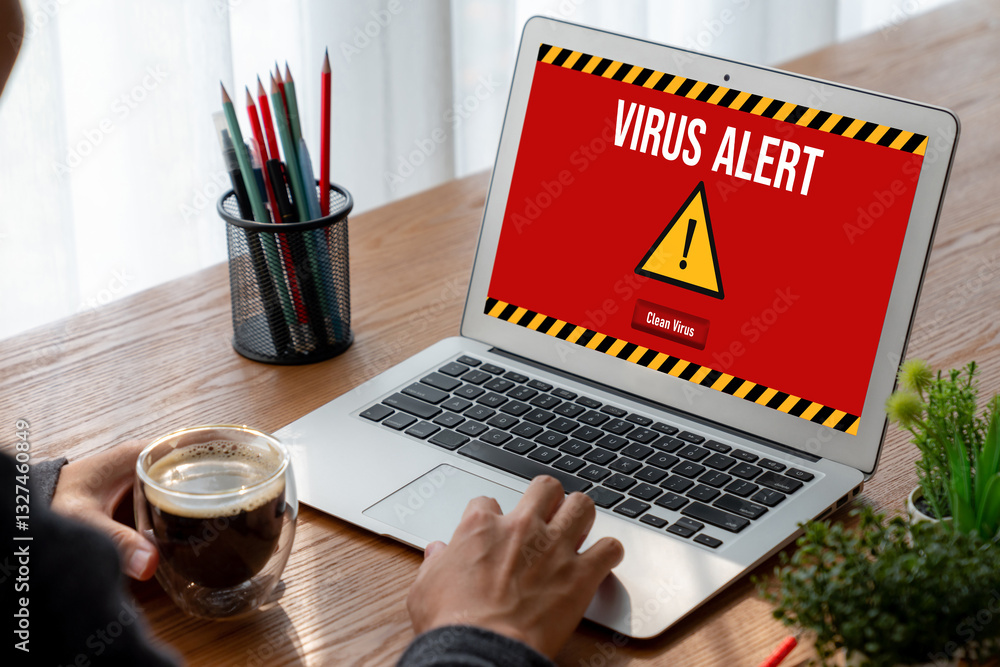 Poster virus warning alert on computer screen detected modish cyber threat , hacker, computer virus and mal