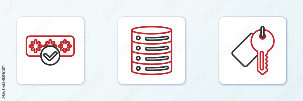 Poster set line marked key, password protection and server, data, web hosting icon. vector