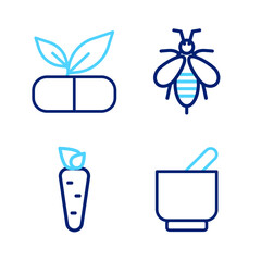 Set line Mortar and pestle, Carrot, Bee and Medical pill with plant icon. Vector