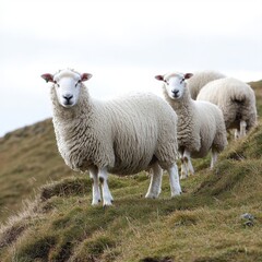 Obraz premium Two sheep grazing peacefully on a hilltop with a serene backdrop of rolling green pastures under a clear sky