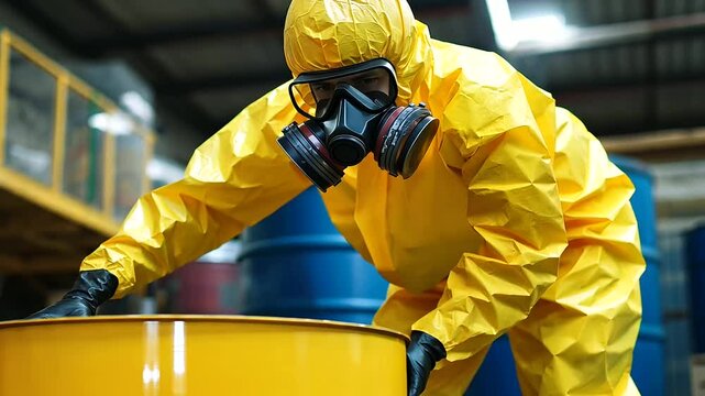 A worker wearing a yellow hazmat suit and gas mask, ensuring safety near a yellow drum filled with dangerous chemicals. The scene illustrates personal protection and industrial che