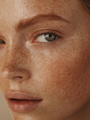 Fototapeta premium A close-up portrait highlighting a woman's freckled skin, focusing on her green eye and natural complexion.