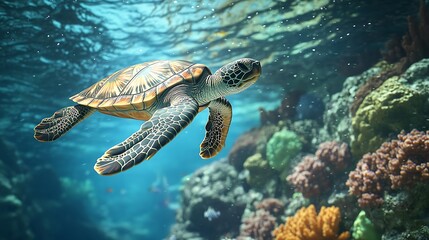 Obraz premium A turtle swimming in the ocean near a coral reef on Earth Day. 