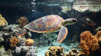 Obraz premium A turtle swimming in the ocean near a coral reef on Earth Day. 