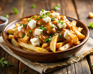 Brown Bowl Cheese Poutine on Wooden Table 
